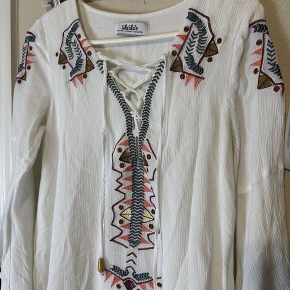 DRESS Lulus my bell-loved ivory embroidered Mini dress Tunic Lace Up Neckline S - Picture 3 of 10